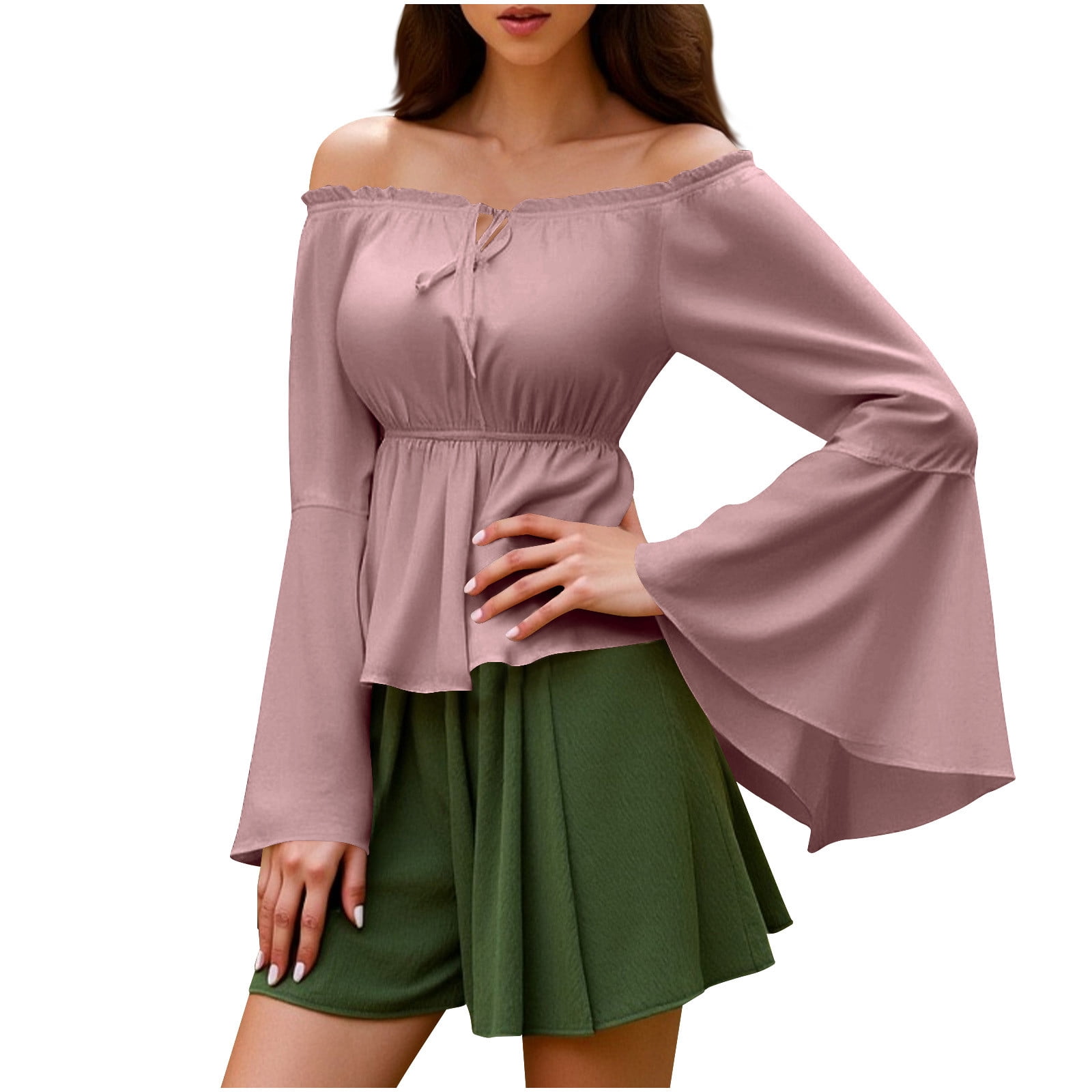 dazeni Womens Off The Shoulder Long Bell Sleeve Tops Flared Casual