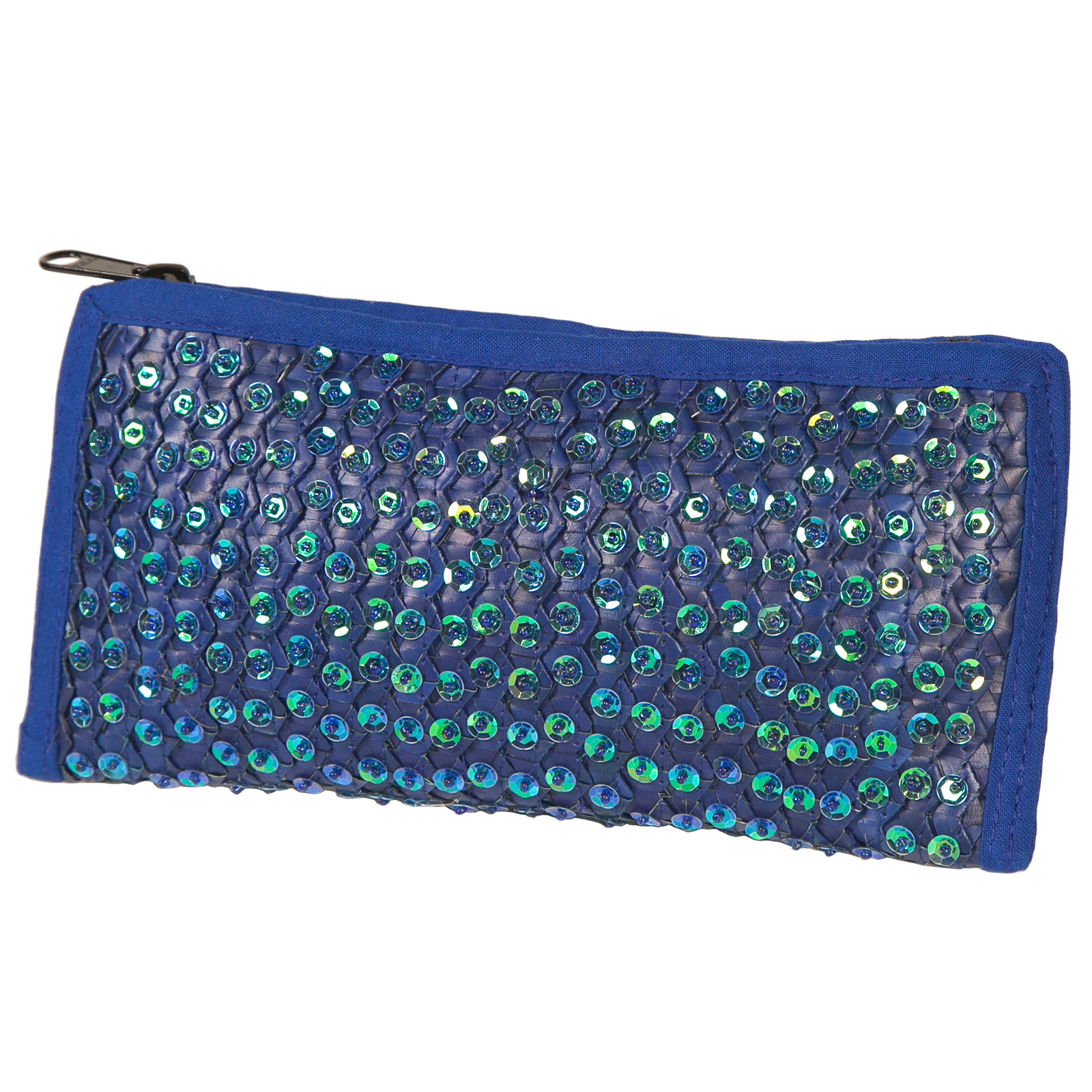 blue sequin clutch