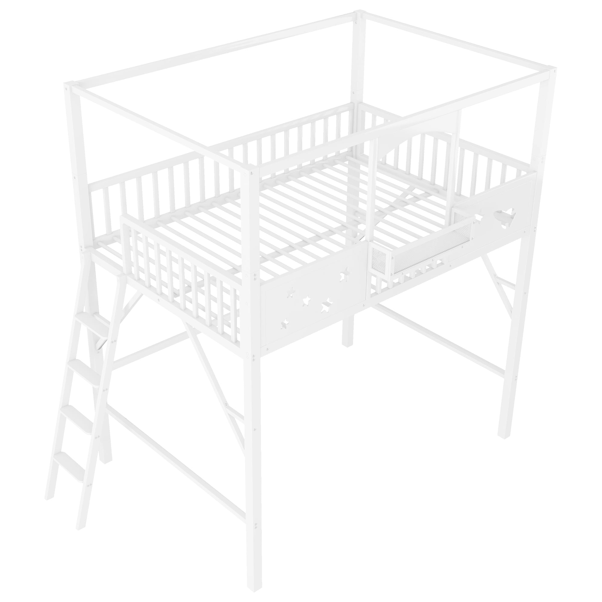 Leumius Full Size Loft Bed with Ladder and Storage Shelves,Metal High Loft Bed for Bedroom,White