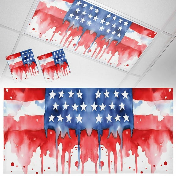 2 Pack Magnetic Fluorescent Light Covers, 2x4 Ft,USA Flag Independence Day Watercolor Flag Pentagram Magnetic Light Covers for Ceiling Lights Classroom Office Home Decor