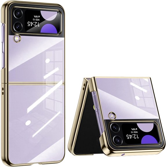 Compatible with Samsung Galaxy Z Flip4 Transparent Ultra Slim Thin Shockproof Protective Cell Phone Basic Case Anti-Yellowing Electroplating Shock-Absorbing Semi-Auto Cover with Hinge Protection-Gold