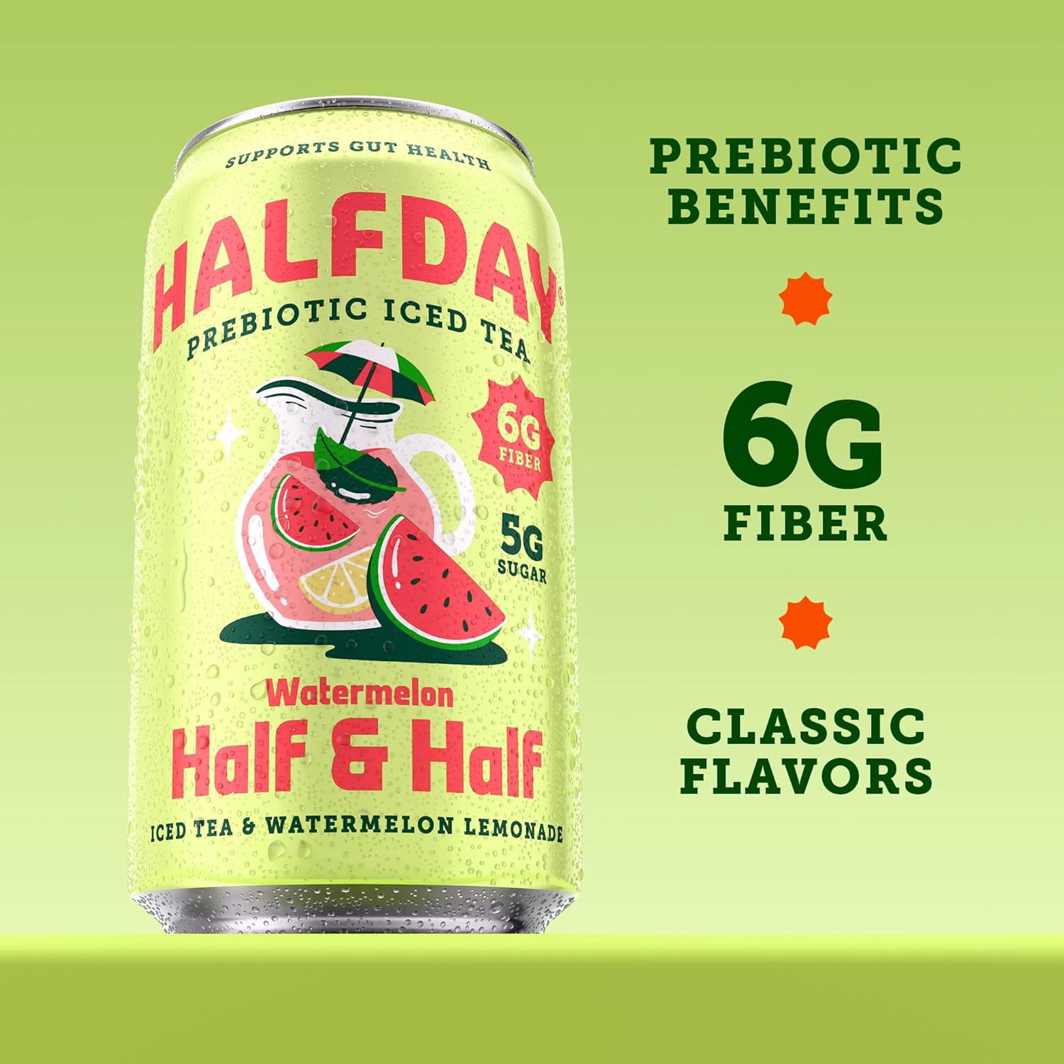 Halfday Prebiotic Watermelon Half & Half Iced Tea Drink, 6g Fiber, 12 fl oz Single Can