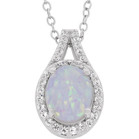 Created Opal and Created White Sapphire Sterling Silver Halo Oval Split Bale Pendant, 18