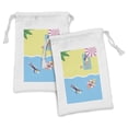 thumbnail image 1 of Graphic Beach Fabric Pouch Set of 2, Above Vista Cartoon of Summer Holiday People on Towel Float and Surfboard, Small Drawstring Bag for Toiletries Masks and Favors, 9" x 6", Multicolor, by Ambesonne, 1 of 2