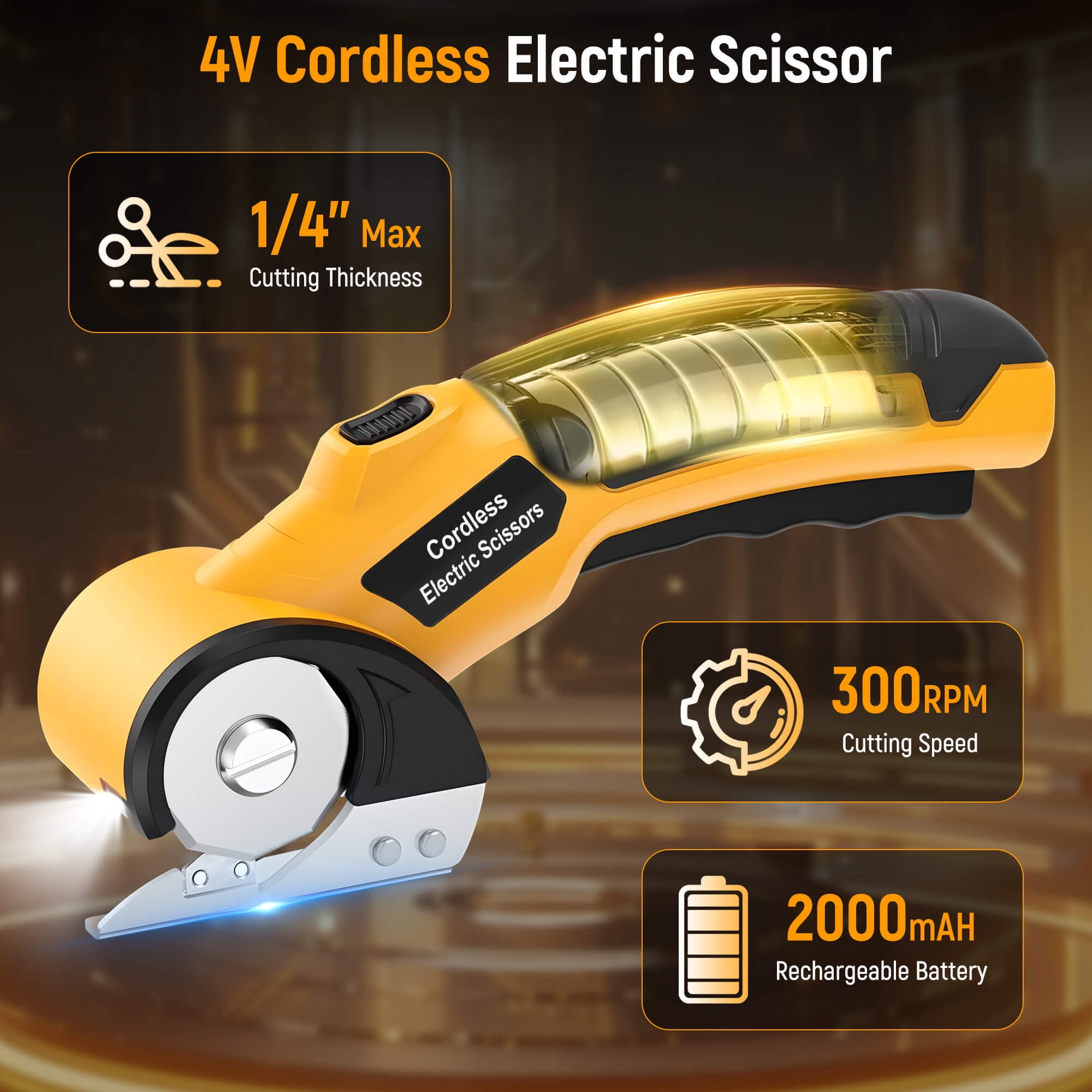 Cordless Electric Scissors, 4V Rechargeable Cardboard Cutter with LED Light ＆ Safety Lock for Fabric, Carpet, Leather, Plastic... (Yellow)