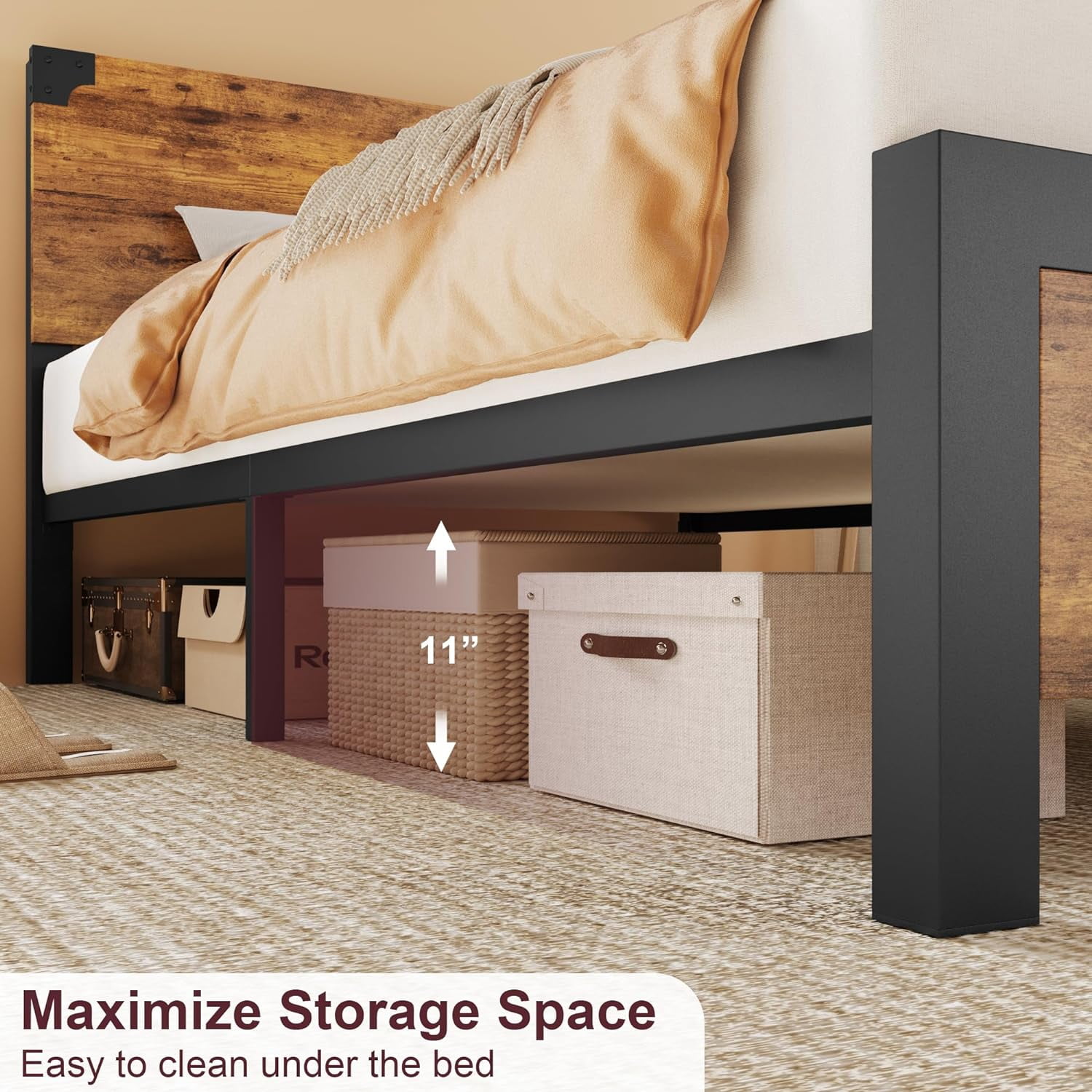 King Size Bed Frame with Wooden Headboard – Features a Platform Design with Under-Bed Storage and Metal Legs. Noise-Free Operation, No Box Spring Required, and Easy Assembly – Rustic Brown