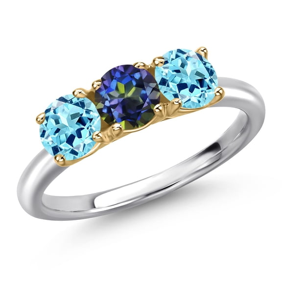Gem Stone King 925 Silver and 10K Yellow Gold Blue Mystic Topaz and Blue Apatite Engagement Ring for Women | 1.49 Cttw | Round 5MM | Gemstone November Birthstone | Size 7