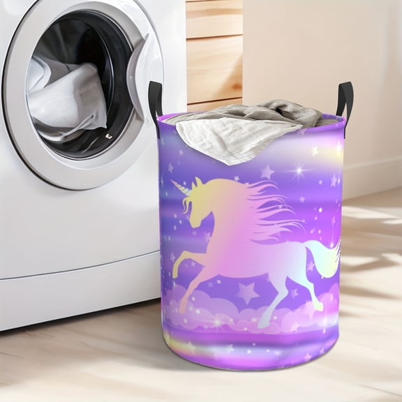 The Cute Rainbow-colored Pony-shaped Foldable and Stackable Thick Oxford Fabric Laundry Basket Is Portable and Easy To Store. It Is Suitable for Use in Bedrooms and Bathrooms for Storing Clothes.