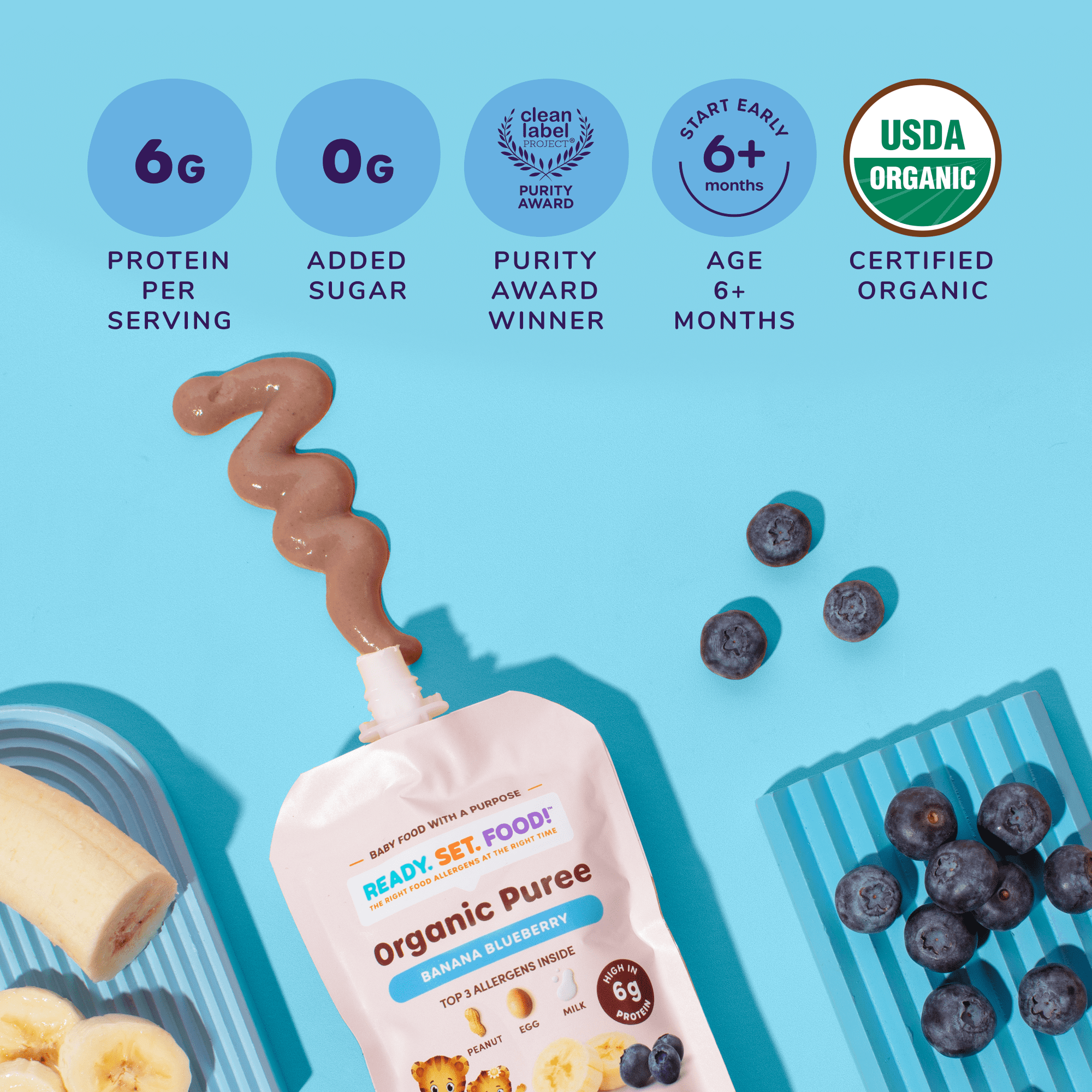 (12 pack) Ready, Set, Food! Daniel Tiger Stage 2 Baby Food, Banana Blueberry, Top Allergens, 3.5 oz Pouch