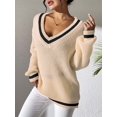 thumbnail image 3 of Women Teen Baggy Fashion Striped Long Sleeve Knit Tops Fall Winter Vneck Pullover Preppy Clothes  XL, 3 of 6