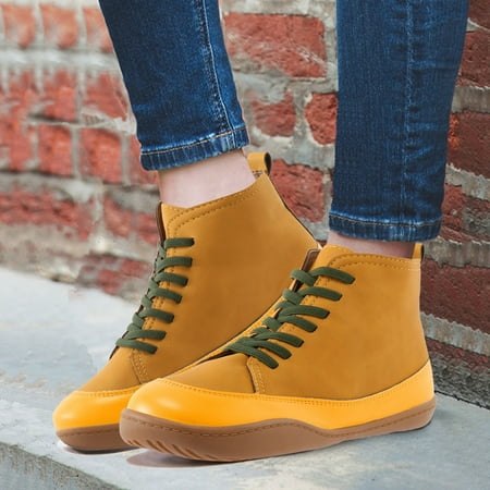 

Ladies Retro Fashion Colorblock Leather Round Toe Lace Up Flat Casual Short Boots
