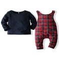 thumbnail image 1 of Boys‘ Fall Fashion  Solid Color Tops and Plaid Suspender Pants Overalls, 1 of 9