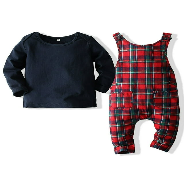 Boys‘ Fall Fashion Solid Color Tops and Plaid Suspender Pants Overalls