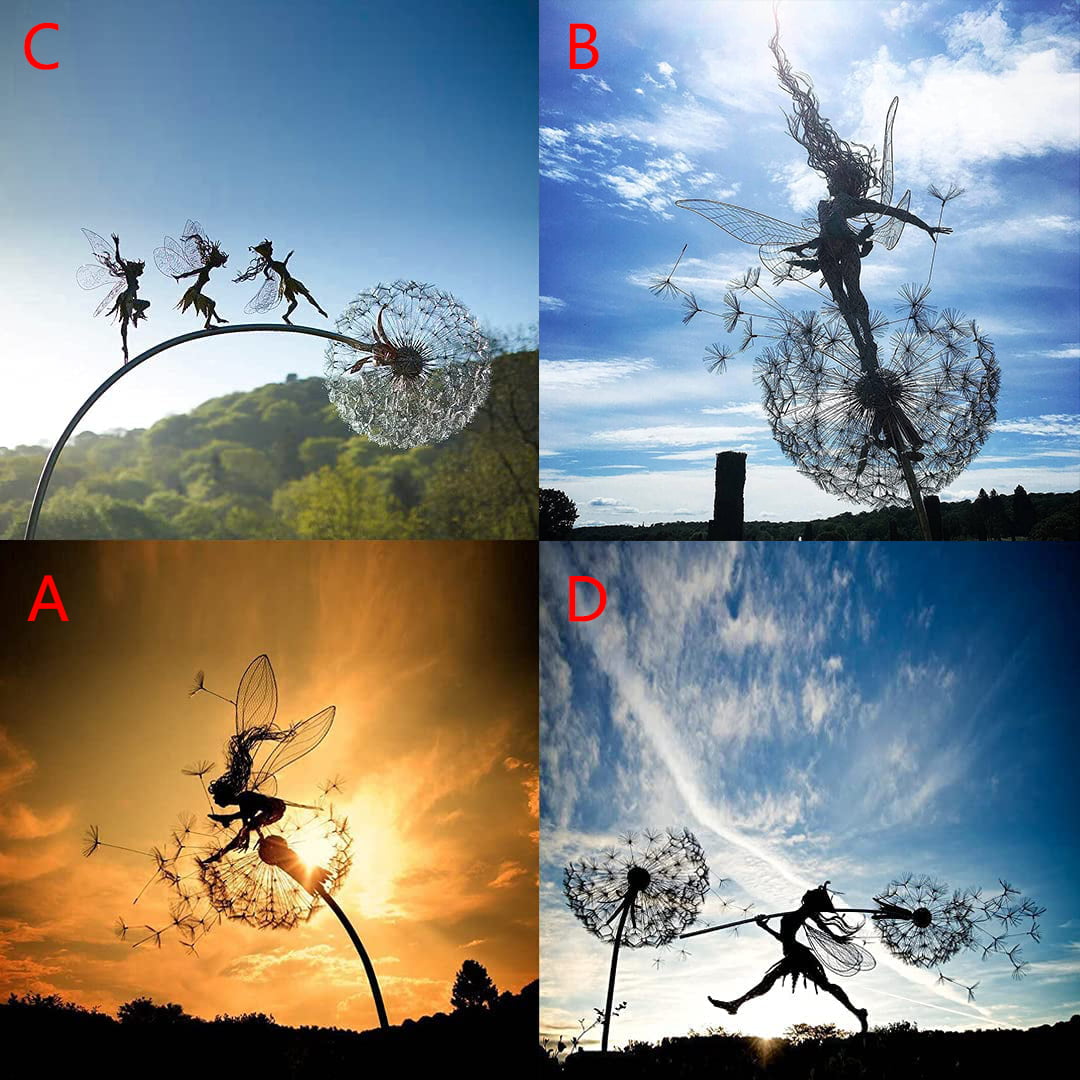 4 Pieces Indoor Outdoor Lawn Pathway Patio Ornaments Fairies and Dandelions Dance Together Garden Stakes Decor Wind Catcher Yard Patio Christmas Holiday Decoration in Dark Metal Yard Art 