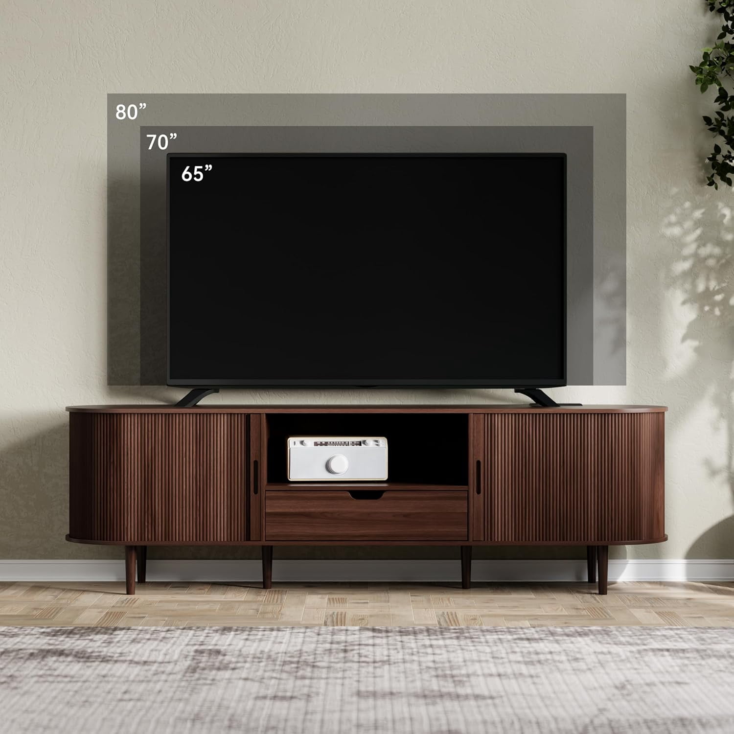 71" Mid-Century Modern Fluted TV Stand with Power Outlet, Sliding Door & Adjustable Shelves, for TVs up to 80 Inches, Walnut
