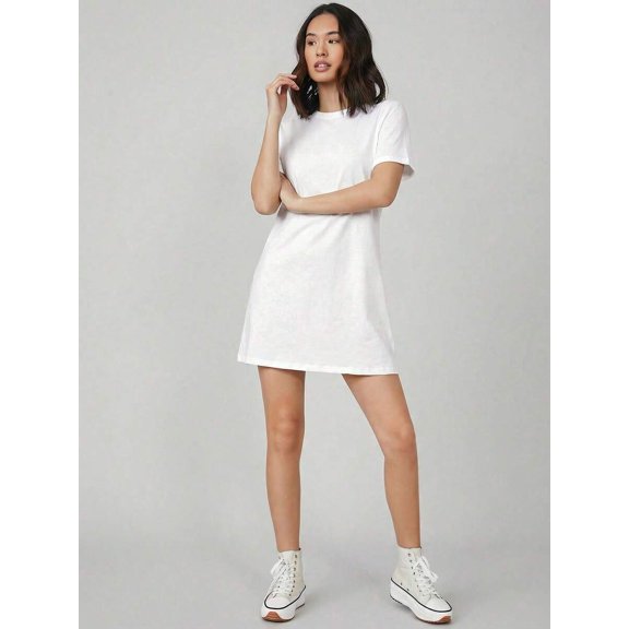 White Round Neck Short Sleeve A-Line Mini Dress For Women