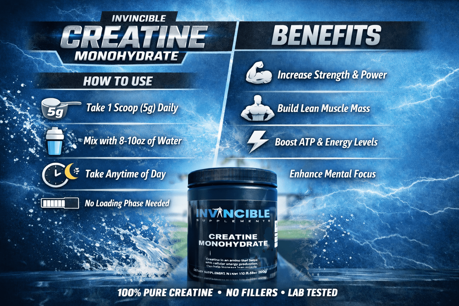 Invincible Supplements Pure Creatine Monohydrate Powder Supplement- 2 Month Supply