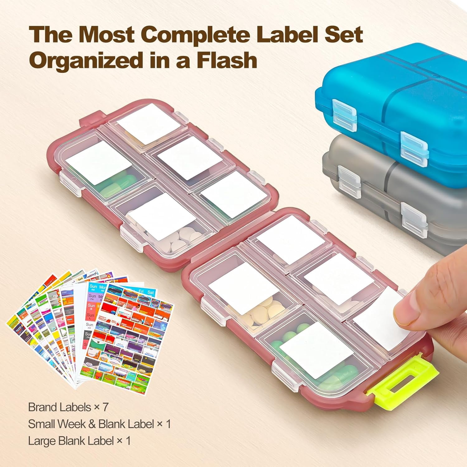 3 Piece 10 Compartment Travel Pill Organizer With Medicine Labels Portable Foldable Supplement Box