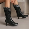thumbnail image 3 of Victorian Boots for Women Vintage Ruffles Goth Mid Calf Booties Mid Heels Lace up Halloween Witch Dance Shoes, 3 of 7
