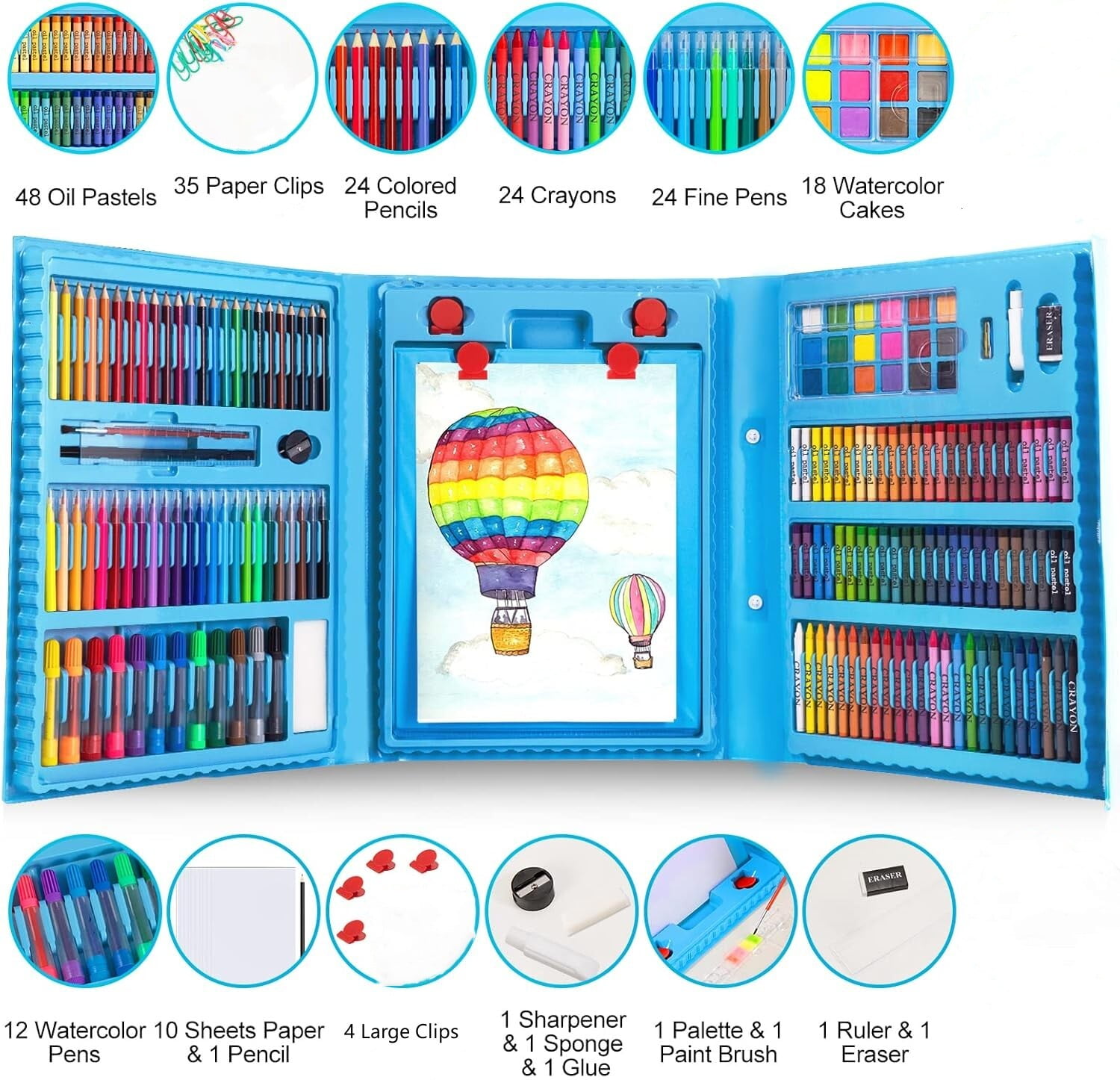 Art Supplies, 208 Pack Art Sets Crafts Drawing Coloring kit, Double-Side Trifold Easel, Oil Pastels, Crayons, Colored Pencils, Creative Gift for Beginners Artists Girls Boys Kids (Blue)