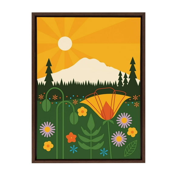 Kate and Laurel Sylvie Mt Rainier Framed Canvas Wall Art by Amber Leaders Designs, 18x24 Walnut Brown, Mountain Landscape Art for Wall