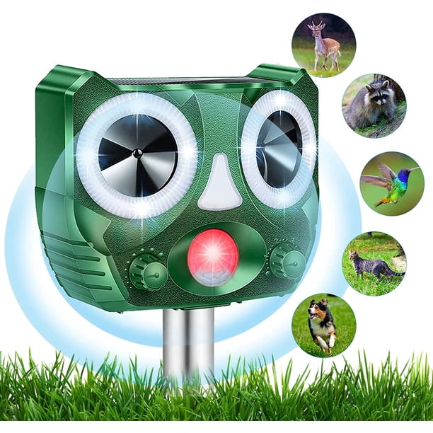 Repelente ultrasónico para gatos, repelente ultrasónico para gatos para exteriores, repelente de perros, con carga solar, carga USB, para prevenir perros, gatos y pájaros, para jardines, campos, vive