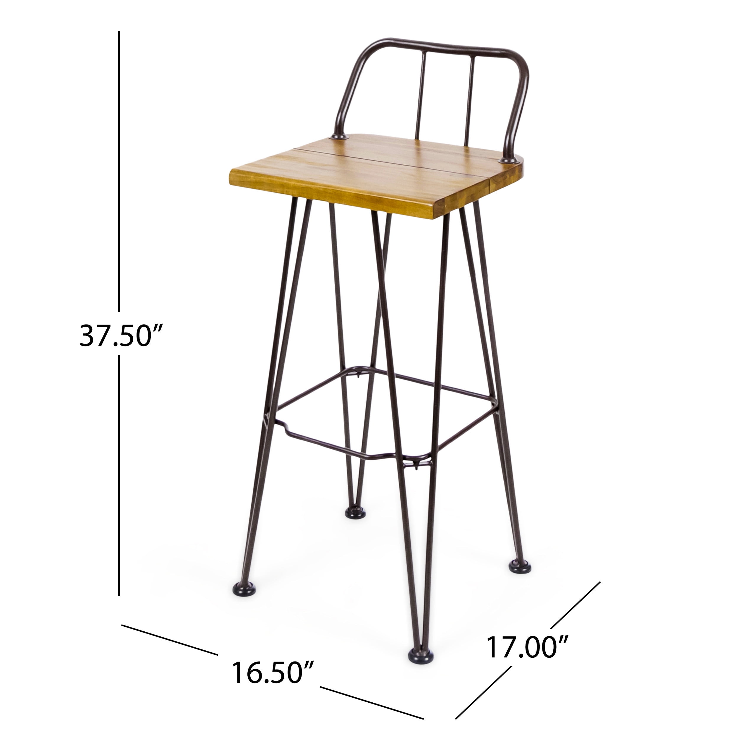 Outdoor Industrial Style Bar Stool Set of 2, Wood and Metal Combined Height Seats for Patio Bar, Teak and Black