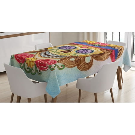 

Day Of The Dead Decor Tablecloth Cute Lady Mommy Skull Head with Flower Hat Spanish Mexican Art Print Rectangular Table Cover for Dining Room Kitchen 52 X 70 Inches Multicolor by Ambesonne