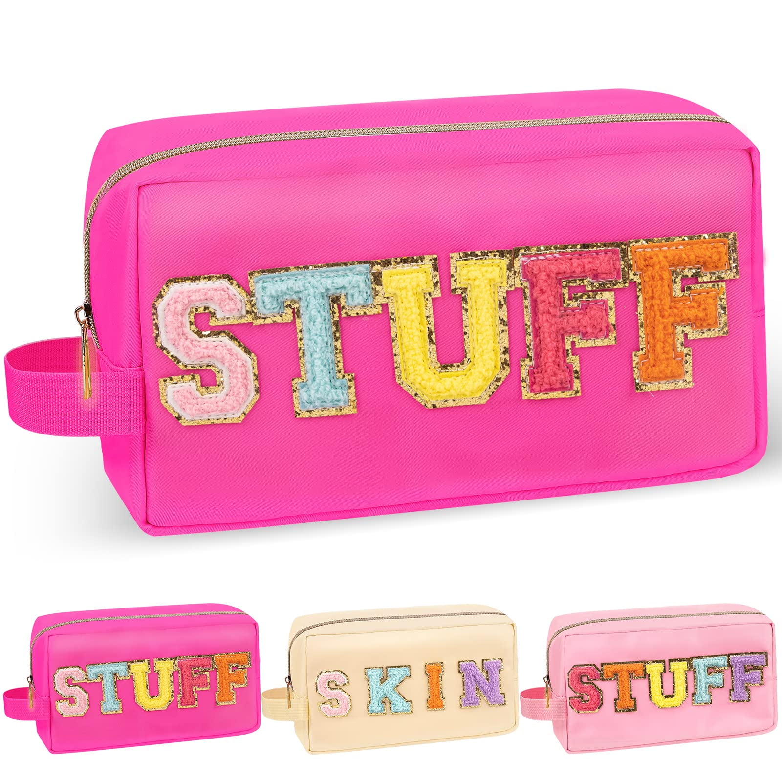 Izuzta Chenille Letter Makeup Bag,Nylon Preppy Patch Zipper Pouch Purse with Handle,Waterproof