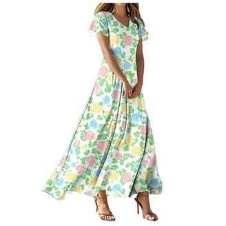 Women's Summer Floral V Neck Maxi Dress Short Sleeve High Waist A Line  Tiered Flowy Boho Vacation Dresses - Walmart.com