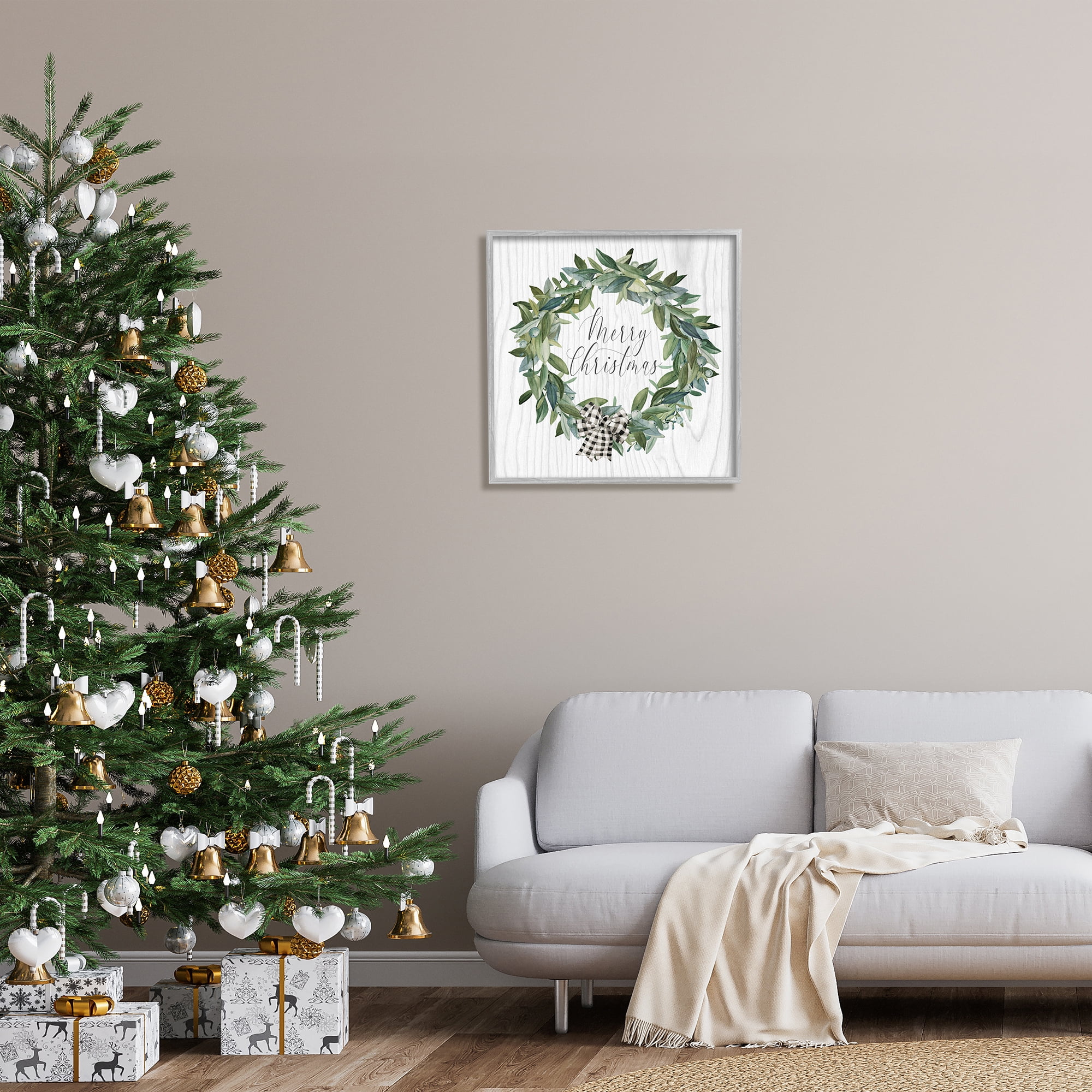Stupell Industries Tartan Bow Wreath Holiday Painting Gray Framed Art Print Wall Art, 24 x 24
