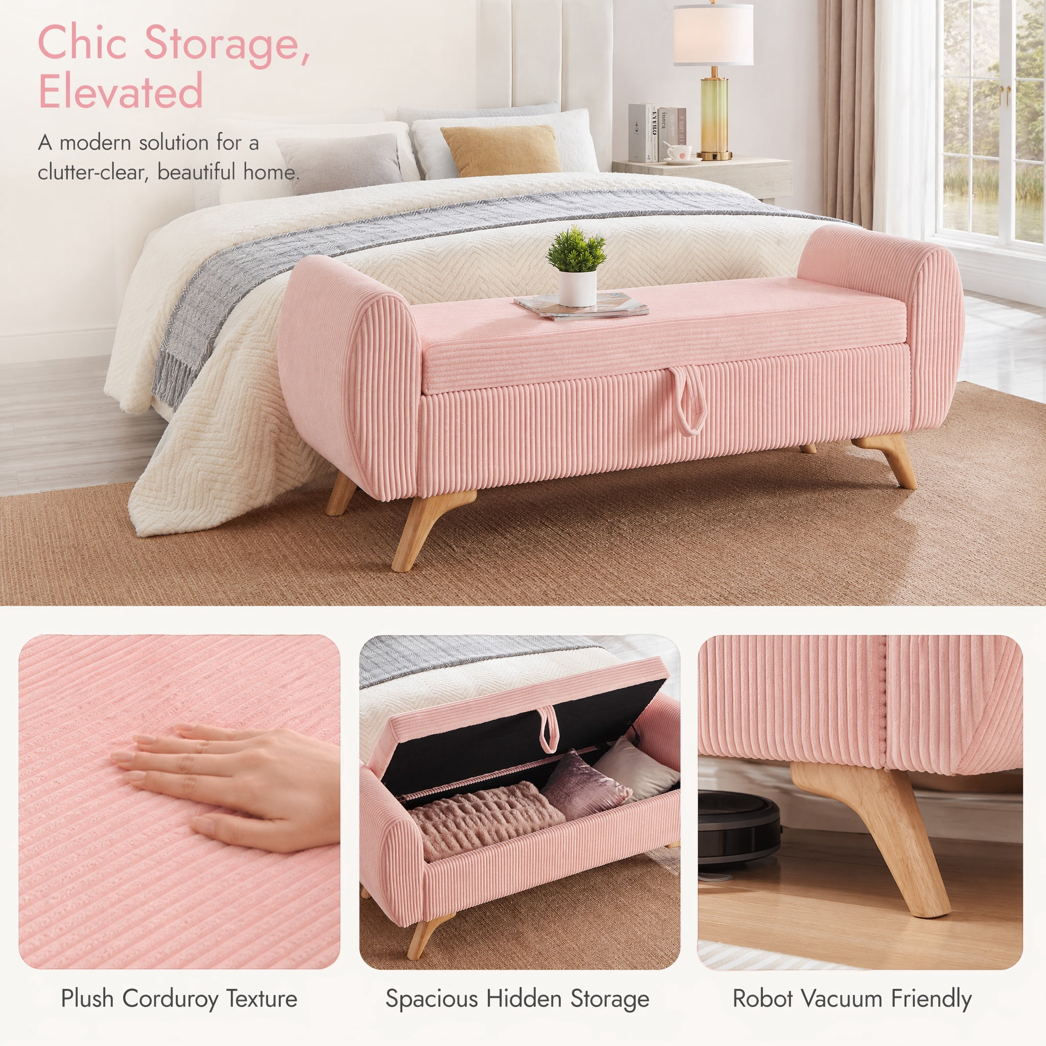 Storage Bed Bench 57 Inch, Corduroy Upholstered Bench with Flip Top Storage for Bedroom Hallway, Pink
