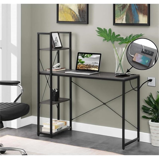 Designs2Go Poste de Travail de Bureau avec Station de Charge et Étagères en Bois Gris