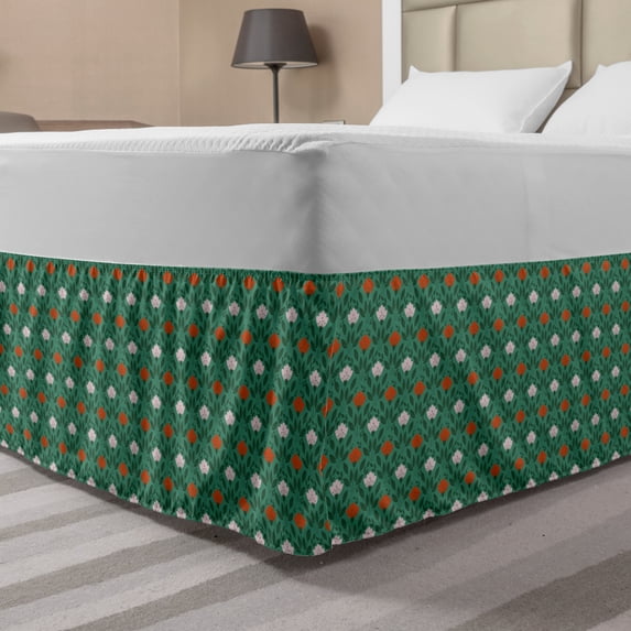 Garden Art Bed Skirt, Ornamental Spring Foliage Silhouette Abstract Nature Scene, Elastic Bedskirt Dust Ruffle Wrap Around for Bedding Decor, 4 Sizes, Sea Green Vermilion, by Ambesonne