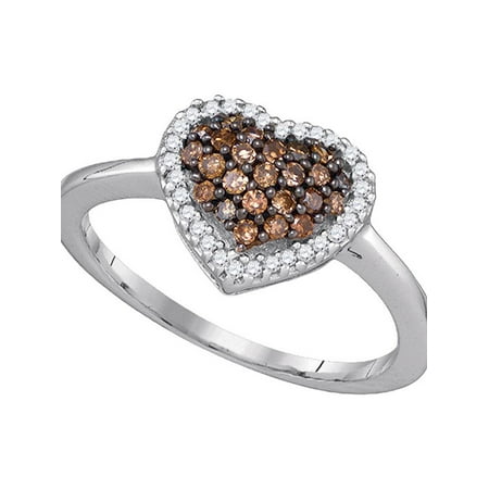 One Love Round Ring - 10k White Gold Cognac-brown Round Diamond Cluster Womens Heart Love Ring 1/3 Cttw