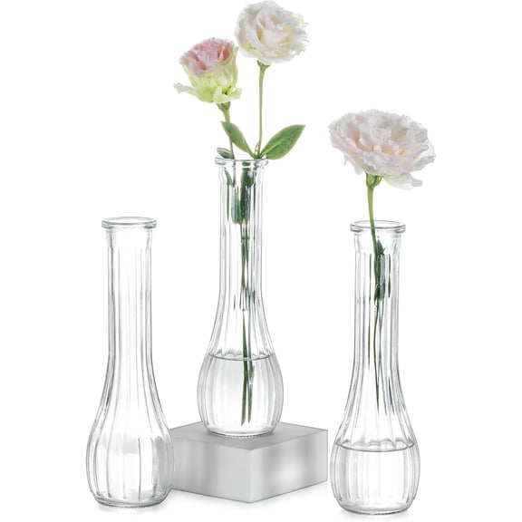 Glass Bud Vases Centerpiece: 3 Pcs Small Flower Vase for Wedding in Bulk - Cute Clear Ribbed Vase for Party Events Home Table Decor