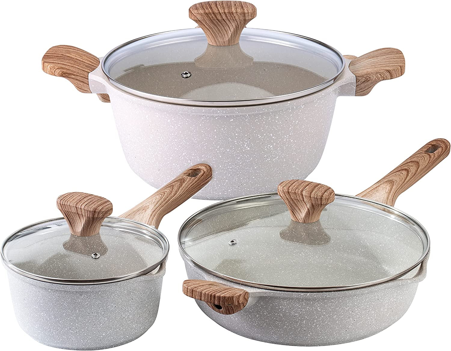 MINYIKJ Nonstick Cookware Sets - 6 Piece High Quality Nonstick Cast  Aluminum Pots and Pans with BAKELITE Handles - Non-Toxic Pots with Glass  Lids - Speckled Grey with Light Wood Handles 