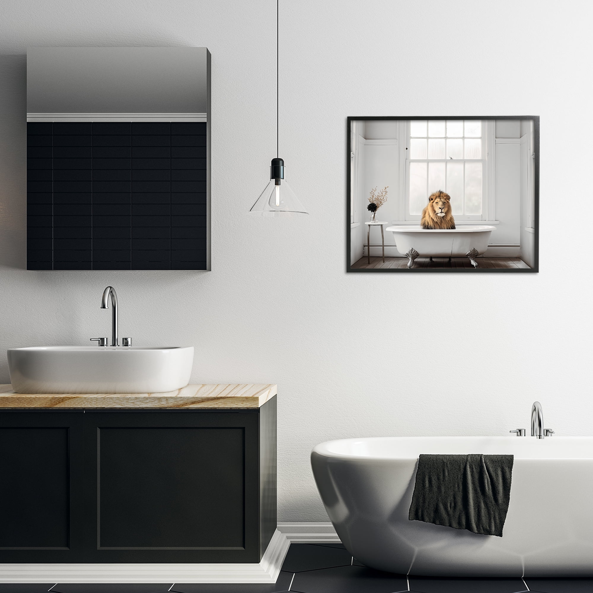 Minimalist Lion Bathtime Black Framed Giclee Art, design by Sasha