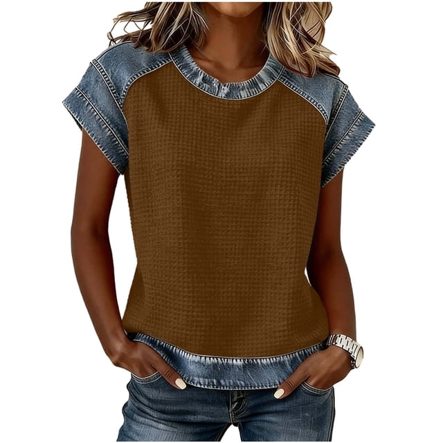 Camiseta de Moda de Verano de Color Sólido de Cuello Redondo de la Camiseta de la Mujer de Manga Corta de la Camiseta de la Camiseta de la Camiseta de la Camiseta de la Camiseta de la Camiseta de la