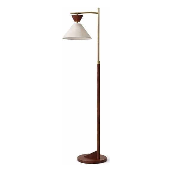 Alvina Modern Wood and Brass Floor Lamp with Linen Shade