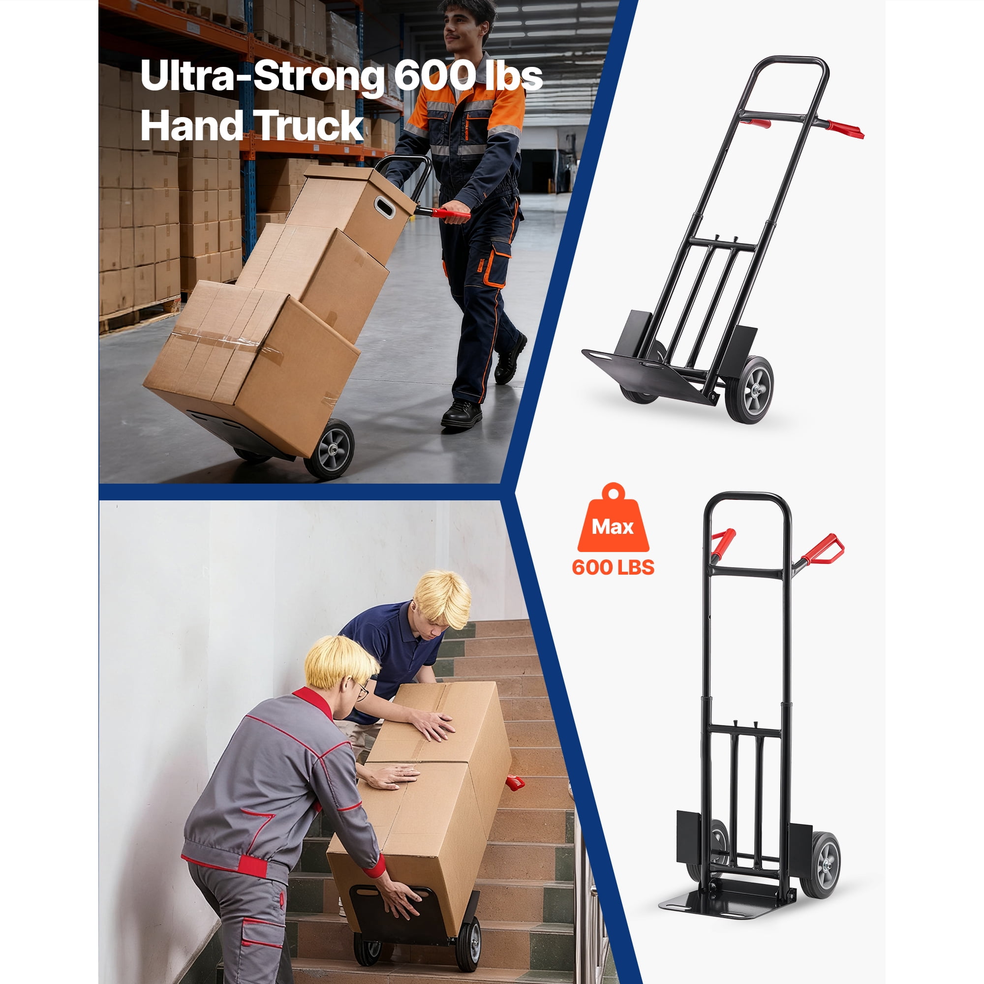 KFFKFF Heavy-Duty Hand Truck, 600 lbs Capacity, Durable Dolly with Wheels & Adjustable Handle, Portable Cart with Tie-down Strap for Home, Office, Warehouse, and Supermarket Use