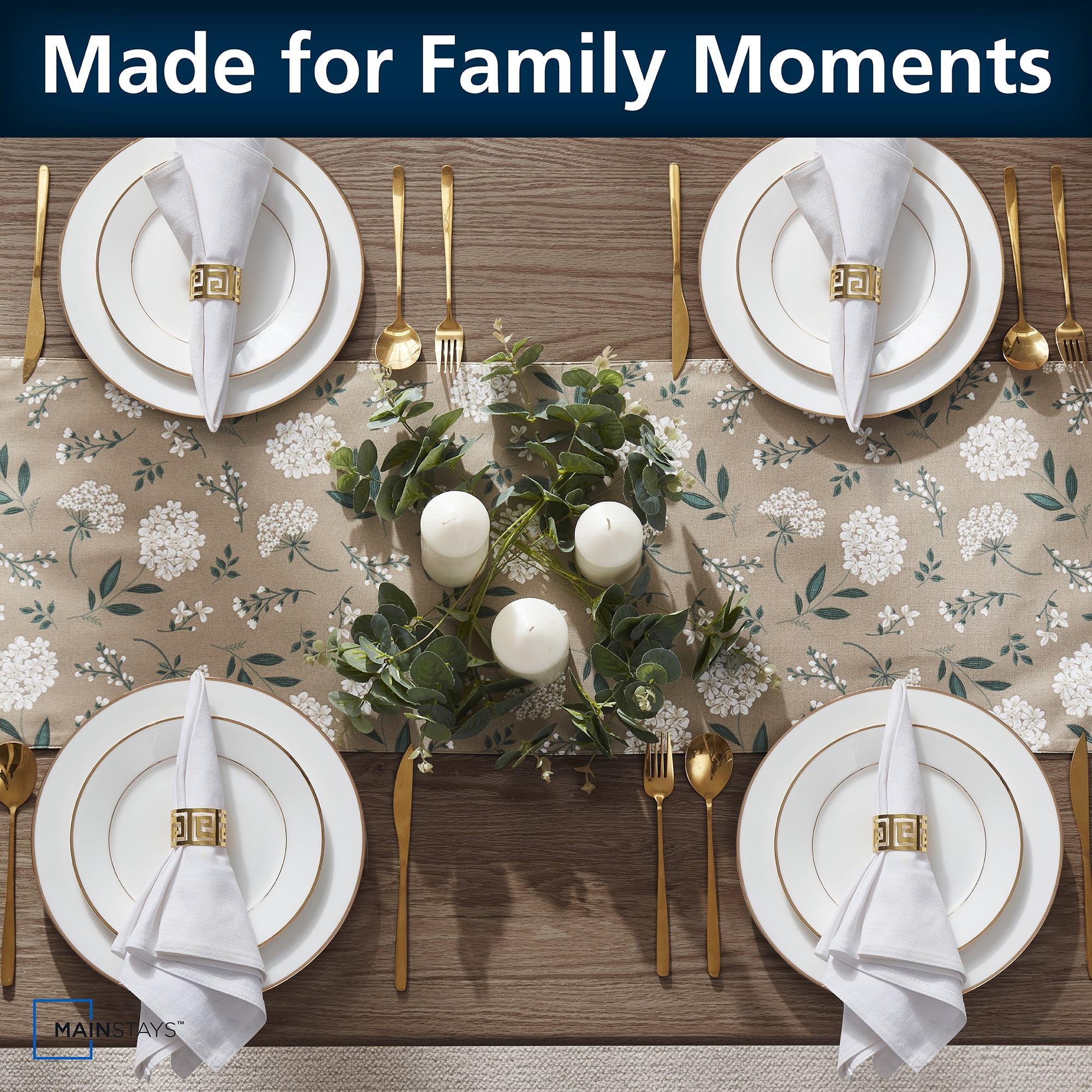 Mainstays Farmhouse Table Runner Summer Floral Brown Fabric, 14" x 72", Hydrangea