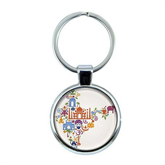 India Keychain with Epoxy Dome and Metal Keyring