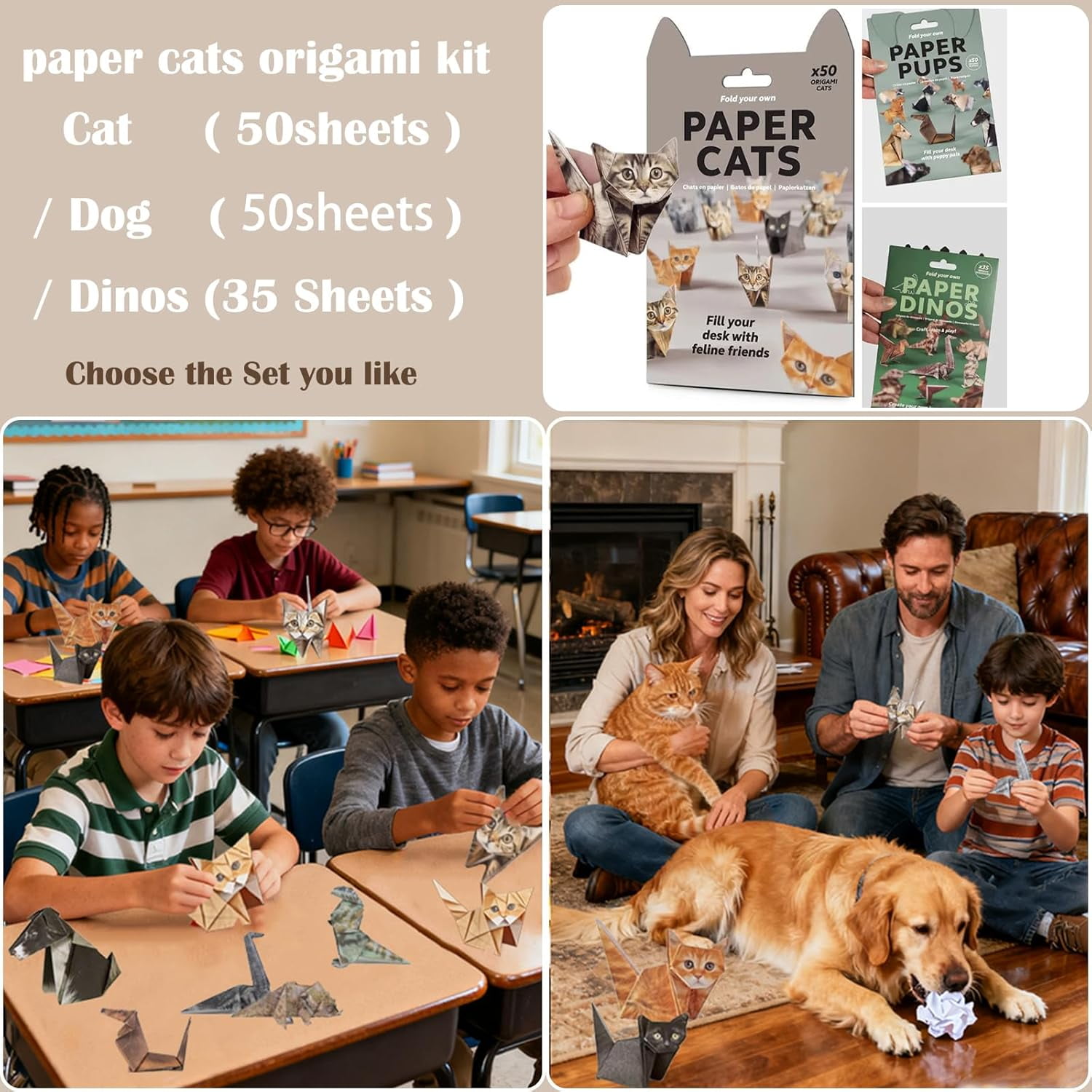 Cute DIY Dinos Origami Kit - 35 Sheets High-Quality Craft Paper for 3D Dinosaur Figures, Fun Animal Paper Craft, Desk Decor & Perfect Gift for Dinosaur Lovers (Adults & Kids)