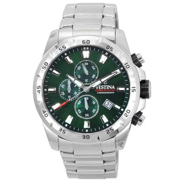 Festina Reloj Deportivo Chorongraph de Acero Inoxidable con Esfera Verde de Cuarzo F20463-3 F204633 para Hombre con Correa de Piel de Becerro Resistente a los Golpes y Cierre Desplegable.