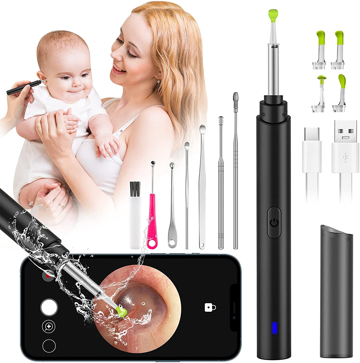 X Xhtang Ear Wax Removal, 1296P FHD Wireless Otoscope Earwax Removal Kit with 6 LED Lights, iPhone, iPad & Android Smart Phones,Black