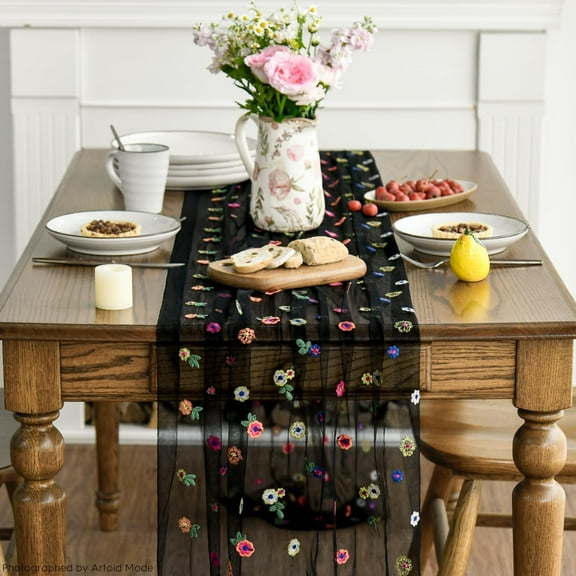 Sasens Pink Embroidery Daisy Gauze Table Runner 120 Inch 10FT, Seasonal Sheer Chiffon Cheesecloth Kitchen Dining Holiday Table Decor for Home Party