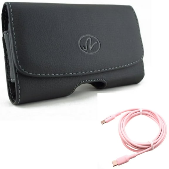 USB-C to Type-C Pink 10ft Long Cable w Leather Case Belt Clip for Samsung Galaxy A53 5G,A33 5G Phones - PD Fast Charger Cord Power Wire, Swivel Holster Loops Cover