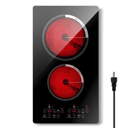 Graceall 12 inch Electric Cooktop 2 Burners Infrared Stove, 2000W Plug in Hotplate Double Heating Elements Stove for Cooking, 120V Kitchen Electric Stove, Built-in and Countertop Compatible