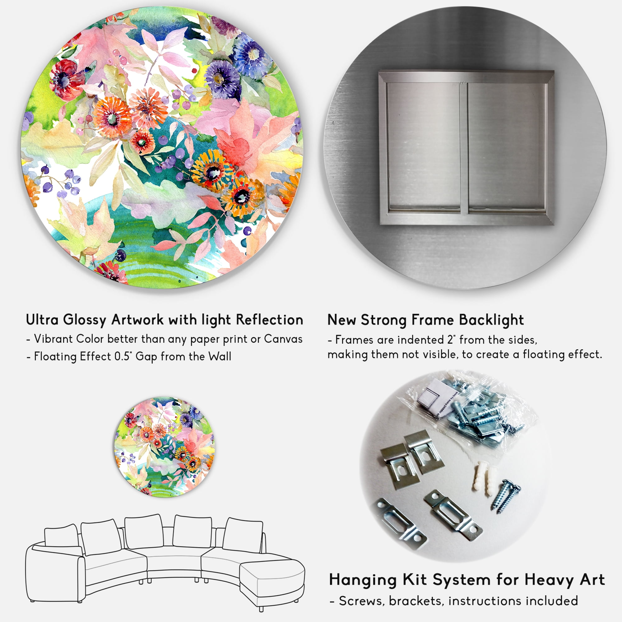 Designart 'Wildflowers and Vibrant Wild Spring Leaves II' Traditional Circle Metal Wall Art 11x11 - Disc of 11